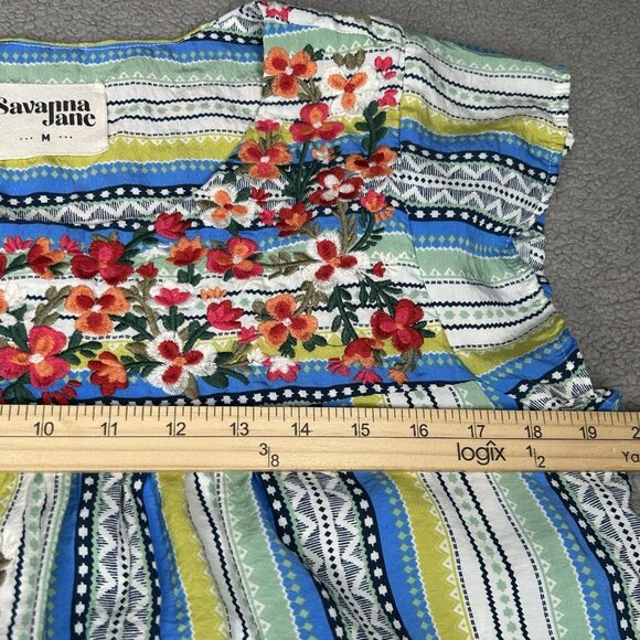 Savanna Jane Top Womens Medium Blue Green Embroidered Floral Boho Blouse Striped - Picture 5 of 8